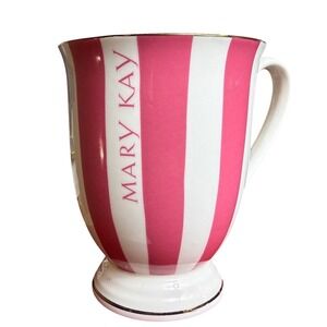 Mary Kay Pink White Striped Porcelain Coffee Mug Gold Trim Heart Detail Cup